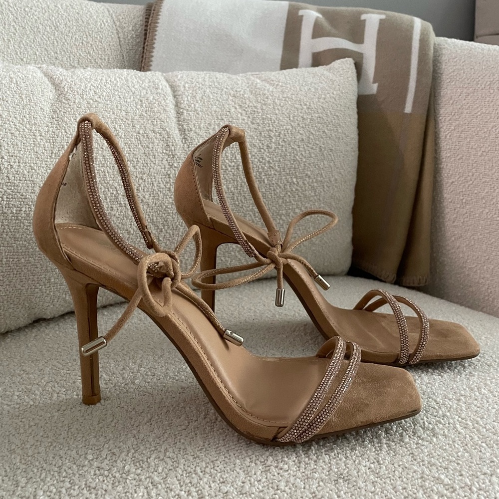 Express Crystal Embellished Suede Strappy‎ Tie-Up Heels Nude
